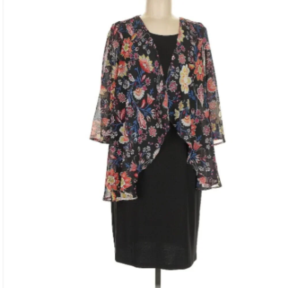 NWT Croft & Barrow Black Dress Size L Floral Jacket Necklace Set